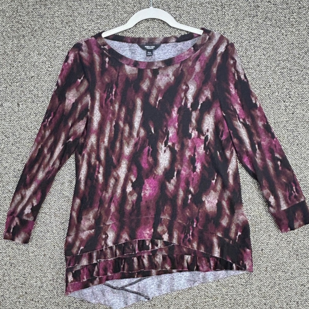 Simply Vera Vera Wang Top Abstract Print Asymmetric Hem Petite XS Purple Black